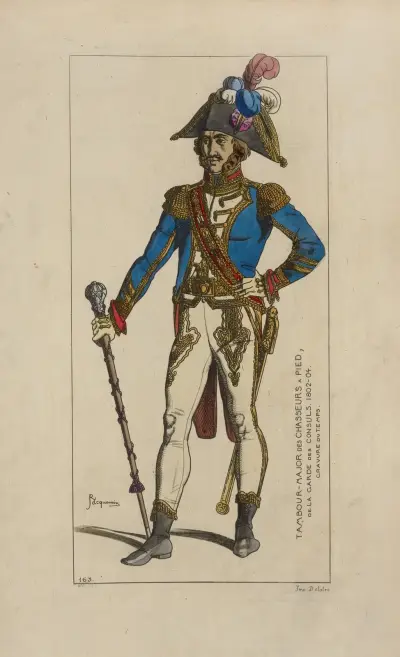 Tambour-major des chasseurs à pied, de la garde des consuls. 1802–04. Gravure du temps, Raphaël Jacquemin
