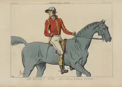 Žokej. 1796. (Podle díla Carle Verneta.) 18. století, civilní oděvy, muži, Anglie., Raphaël Jacquemin