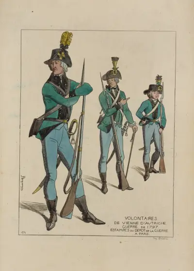 Dobrovolníci z Vídně v Rakousku. Válka roku 1797. Rytiny z válečného depozitáře v Paříži., Raphaël Jacquemin