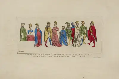 14. Jahrhundert. Könige, Königinnen und Persönlichkeiten des französischen Hofes. Miniaturen der Bibliothèque Mazarine. Unveröffentlichte Zeichnungen von Raphaël Jacquemin