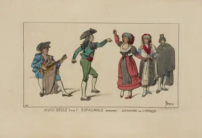 XVIII siècle (fin). Espagnols dansant. Gravure de l’époque. von Raphaël Jacquemin