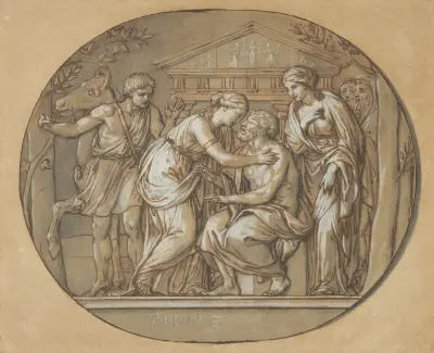 Oidipus framför furiernas tempel mellan sina döttrar Antigone och Ismene av Anton Raphael Mengs