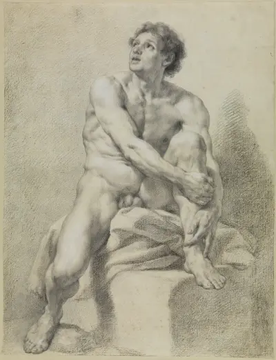 Sitzender männlicher Akt, etwa frontal, das linke Bein hochgestellt und mit beiden Händen gehalten av Anton Raphael Mengs