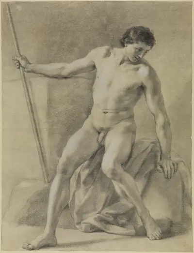 Sitzender männlicher Akt, fast frontal, Stab in der Rechten, niederblickend av Anton Raphael Mengs
