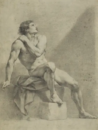 Sitzender männlicher Akt, schräg nach rechts, aufschauend av Anton Raphael Mengs
