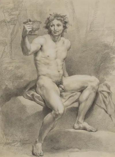 Sitzender männlicher Akt, schräg nach rechts, mit Weinlaubkranz und Trinkschale in der Rechten av Anton Raphael Mengs
