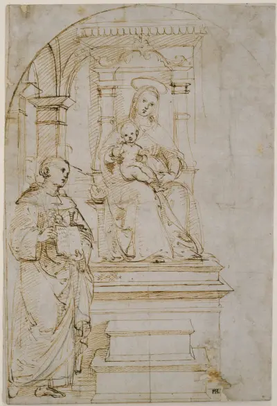 Sketch for an enthroned Virgin and Child with Saint Nicholas of Tolentino av Raphael