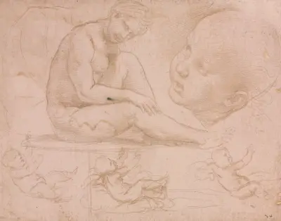 Studies of a Seated Female, Child’s Head, and Three Studies of a Baby (c. 1507–8) av Raphael