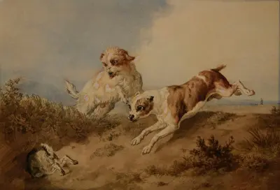 Chiens à la poursuite d’un lapin av Jacques-Raymond Brascassat