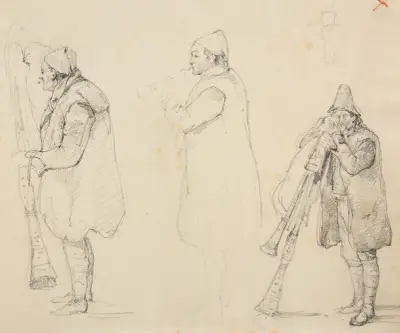 Studie av tre pifferari av Jacques-Raymond Brascassat