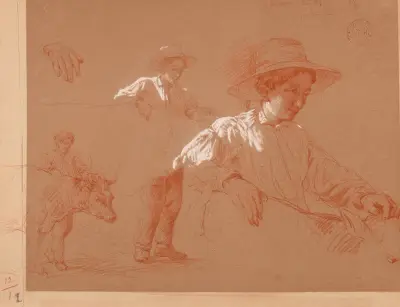 Studie av en pojke som lutar sig mot en oxfilé av Jacques-Raymond Brascassat