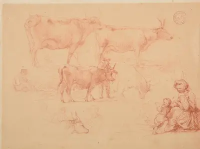 Studier av en ung pojke lutad mot en oxe, av oxar och av kvinna med barn av Jacques-Raymond Brascassat
