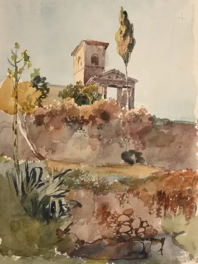 Jardin et église avec portique antique av Jacques-Raymond Brascassat