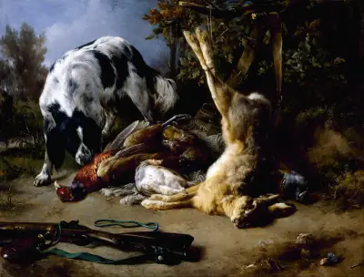 Spaniel med stilleben av dödade djur av Jacques-Raymond Brascassat