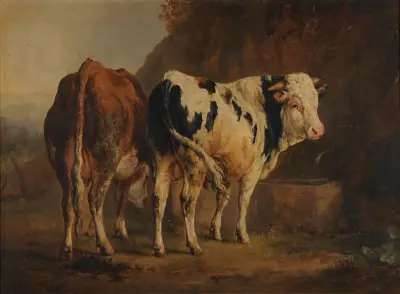 Tjur med vit och svart päls och ko med brun päls av Jacques-Raymond Brascassat