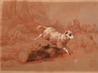 Herde von Schafen, die vor einem Wolf fliehen von Jacques-Raymond Brascassat
