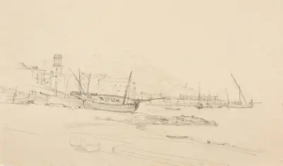 Vy över en obestämd hamn av Jacques-Raymond Brascassat