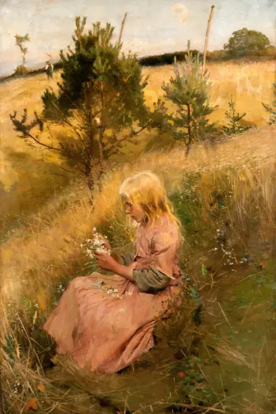 Flicka som plockar blommor av Richard Bergh