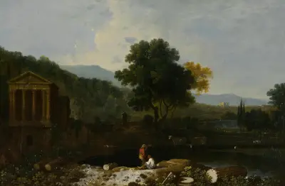 Italiensk flodvy med Clitumnus tempel och ruiner, två figurer och kor av Richard Wilson