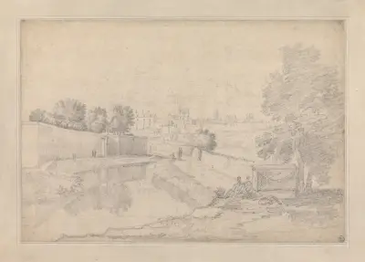 Italian Landscape with River Running Between High Wall at Left and High Bank at Right Towards a Small Town with Figures on the Banks av Richard Wilson