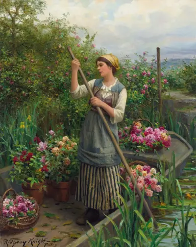 Gathering Flowers Along The River av Daniel Ridgway Knight