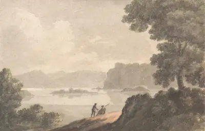 Figures in a Lakeside Romantic Landscape av Robert Adam