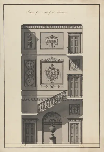 Headfort House, Irsko: Řez schodištěm, 1771 – Nr. 1, Robert Adam
