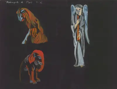 Le Triomphe de Paris – maquette de décor – Illuminations de statues parisiennes – trois statues diverses de la cathédrale Notre-dame de Paris av Robert Delaunay