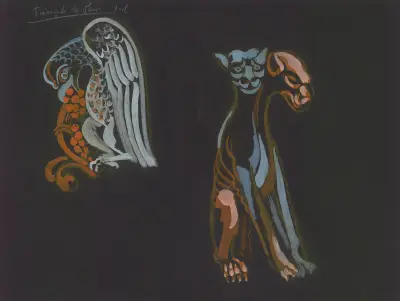 Le Triomphe de Paris – maquette de décor – Illuminations de statues parisiennes – deux statues diverses de la cathédrale Notre-dame de Paris av Robert Delaunay