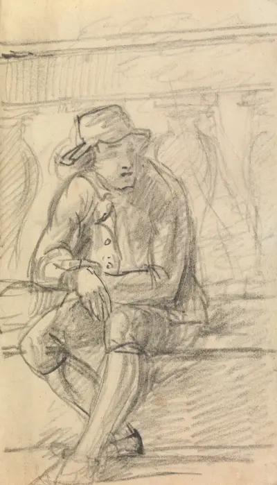 Figurstudie av ung man med hatt, sittande utomhus av Benjamin Robert Haydon