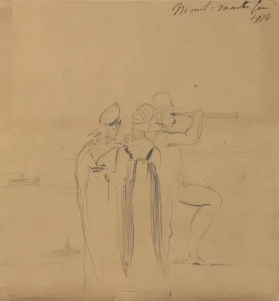 Study of a Man, Looking Through a Telescope, Accompanied by Two Women av Benjamin Robert Haydon