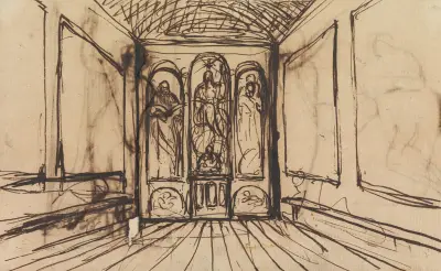 Studie av ett inre rum med religiösa bilder på väggpanelerna av Benjamin Robert Haydon
