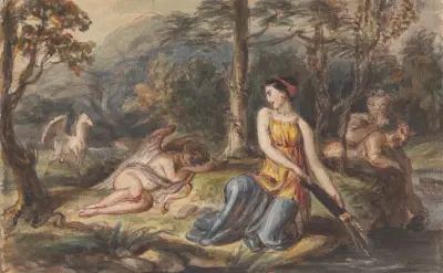 Diana, Goddess of the Hunt, with Satyrs, sleeping Cupid and a Pegasus in a Wooded Landscape av Robert Smirke