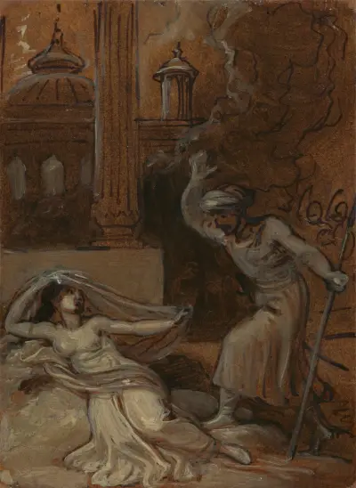 Illustration till en österländsk romans, möjligen 'Tusen och en natt' (med kvinnlig figur liggande till vänster) av Robert Smirke