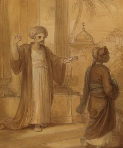 Illustration till en österländsk romans, möjligen 'Tusen och en natt', med två manliga figurer stående av Robert Smirke