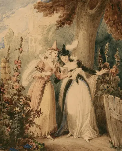 De muntra fruarna i Windsor, II, 1, Mrs. Ford och Mrs. Page läser ett brev av Robert Smirke