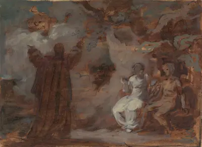 Prospero frammanar en mask för Ferdinand och Miranda av Robert Smirke