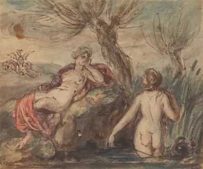 Two Women Enjoying Their Time by a Stream av Robert Smirke