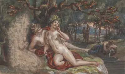 Skogslandskap med ett par som vilar under ett träd, vid en bäck av Robert Smirke