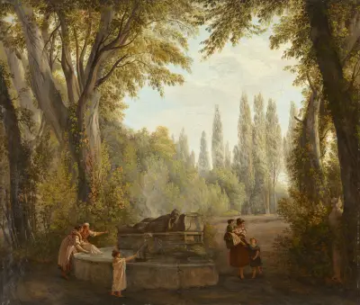 Ett parklandskap med kvinnor och barn vid en fontän av Abraham-Louis-Rodolphe Ducros