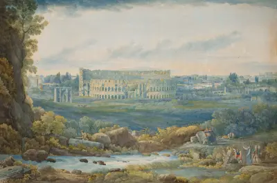 An extensive view of the Colosseum and the Arch of Constantine, with figures in the foreground av Abraham-Louis-Rodolphe Ducros