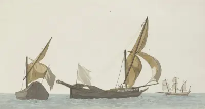 Drie schepen; twee spéronares van Scilla en een tartanes av Abraham-Louis-Rodolphe Ducros