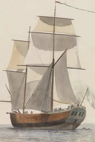 Frans brigantijn schip l’Heureuse Marianne waarop het reisgezelschap van Valette naar Agrigento vaarde av Abraham-Louis-Rodolphe Ducros
