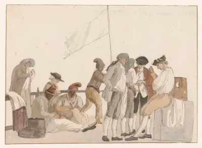 Gezelschap aan boord van schip l’Heureuse Marianne av Abraham-Louis-Rodolphe Ducros