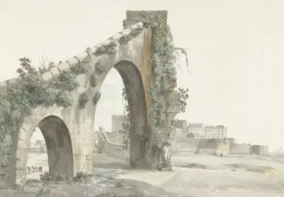 Gezicht op aquaduct en de stad Tarente av Abraham-Louis-Rodolphe Ducros
