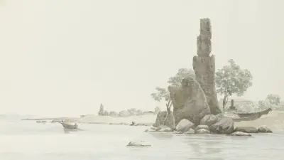 Gezicht op Cap Acurasi en resten van oude toren aan middeleeuwse route tussen Taormina en Catanië av Abraham-Louis-Rodolphe Ducros