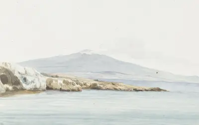 Gezicht op de kust met brede monding van rivier Porcari, voorheen Pantagias genaamd av Abraham-Louis-Rodolphe Ducros