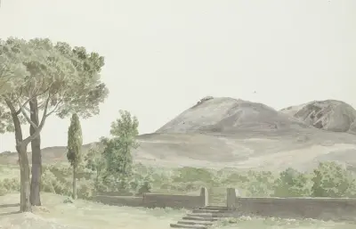 Gezicht op de Monto Rosso bij het klooster San Nicolo d’Arena dichtbij de plaats Nicolosi av Abraham-Louis-Rodolphe Ducros