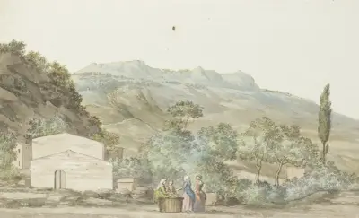 Gezicht op de stad en het theater van Toarmine vanaf balkon van herberg te Giardini av Abraham-Louis-Rodolphe Ducros