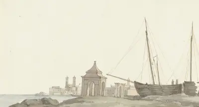 Gezicht op de stad Molfetta aan de kust av Abraham-Louis-Rodolphe Ducros